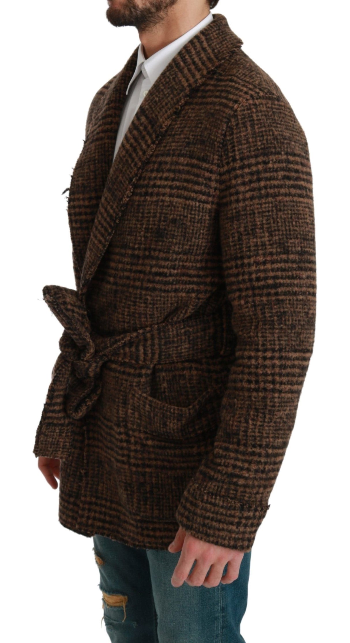 Dolce & Gabbana Brown Checkered Wool Robe Coat Wrap Jacket