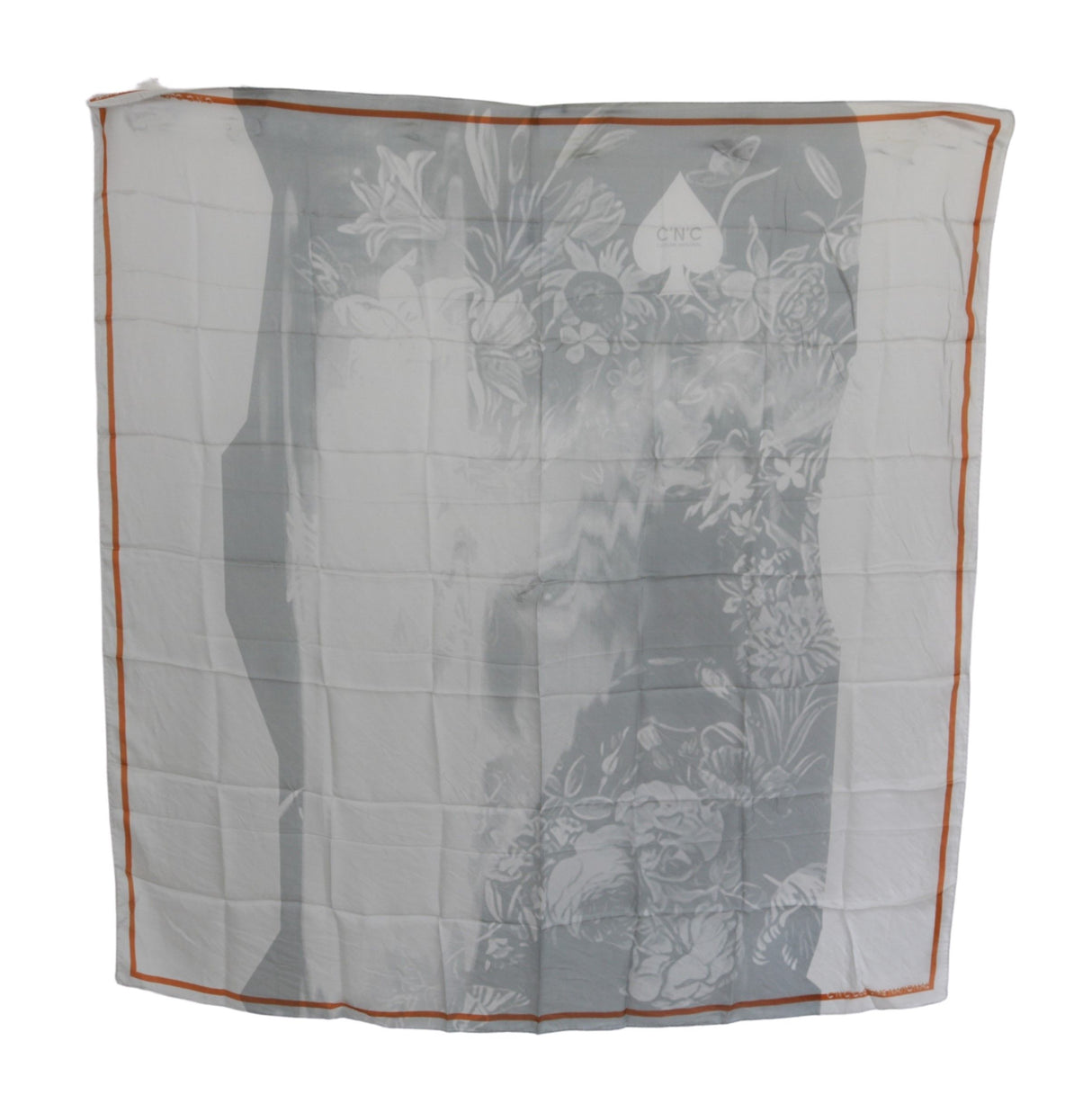 Costume National Gray Orange Silk Floral Foulard Wrap Scarf