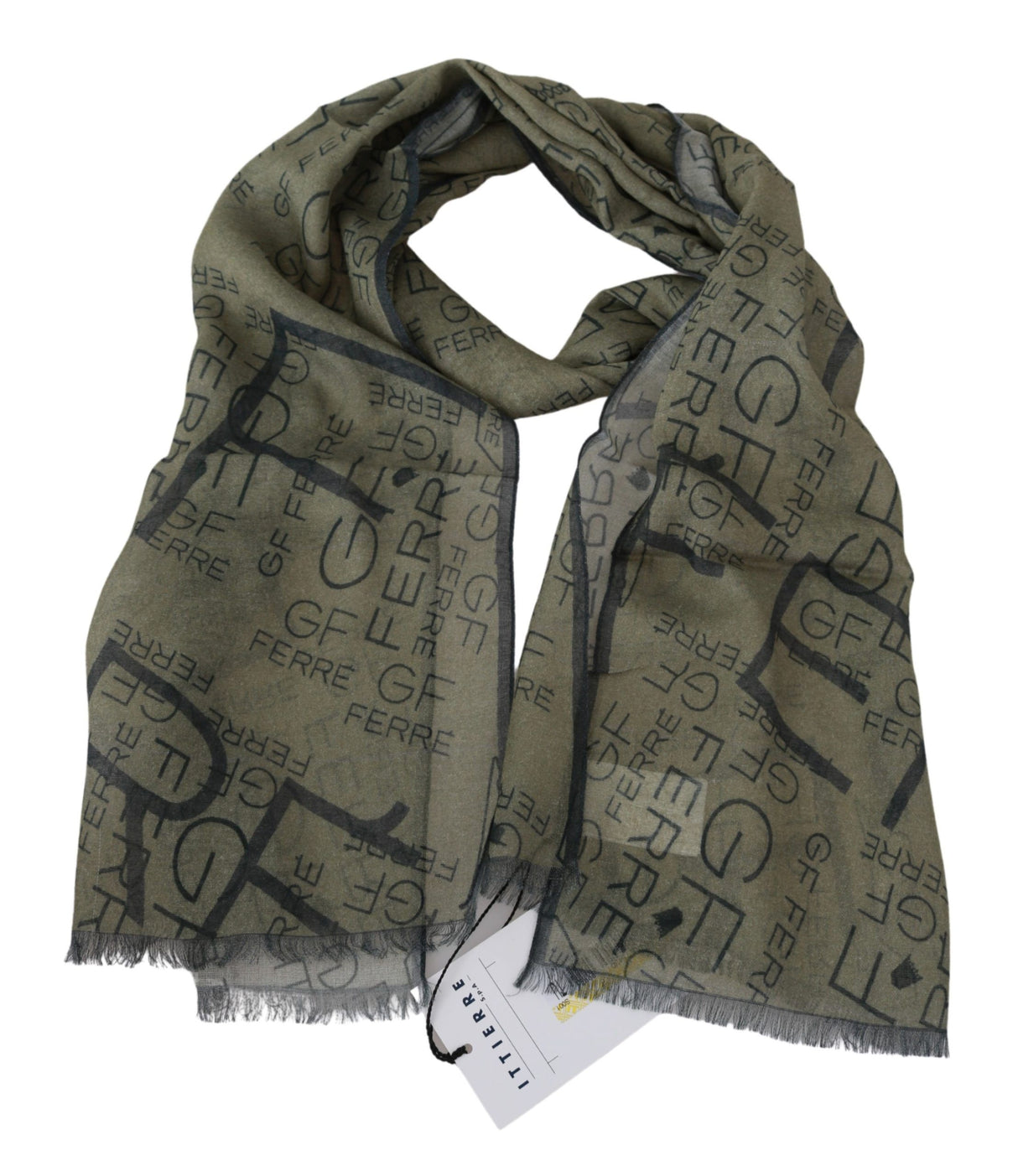 GF Ferre Green Wool Viscose Foulard Patterned Branded Scarf