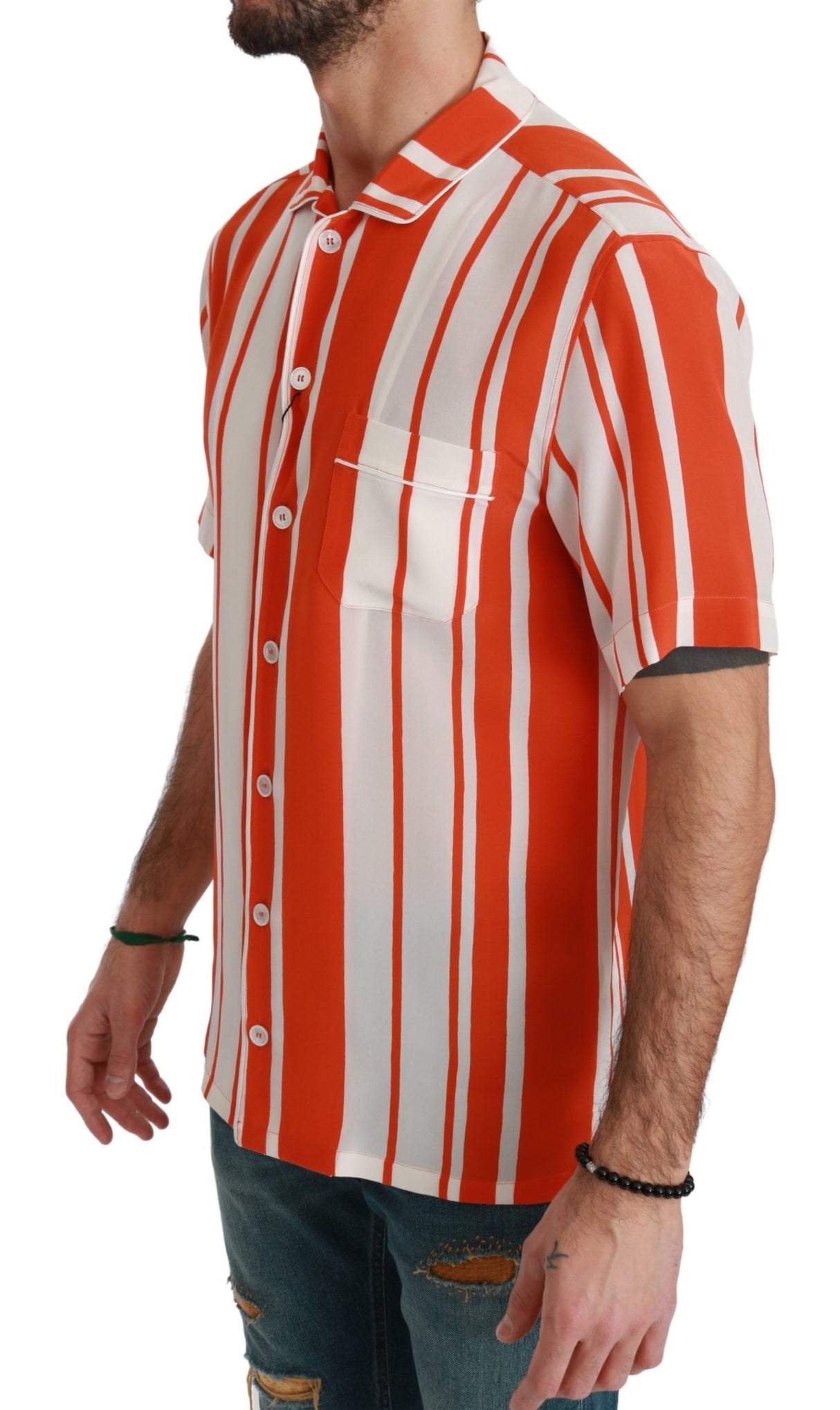 Dolce & Gabbana Orange Silk Striped Short Sleeve White Shirt