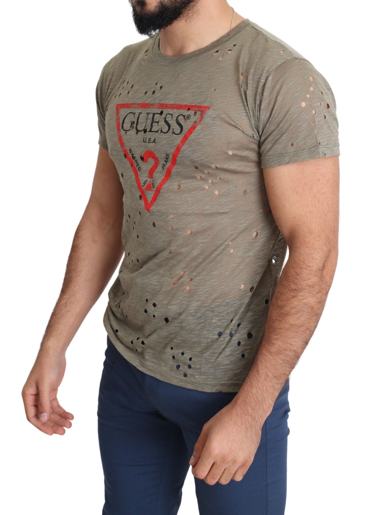 Guess Brown Cotton Stretch Logo Print Men Casual Perforated T-shirt