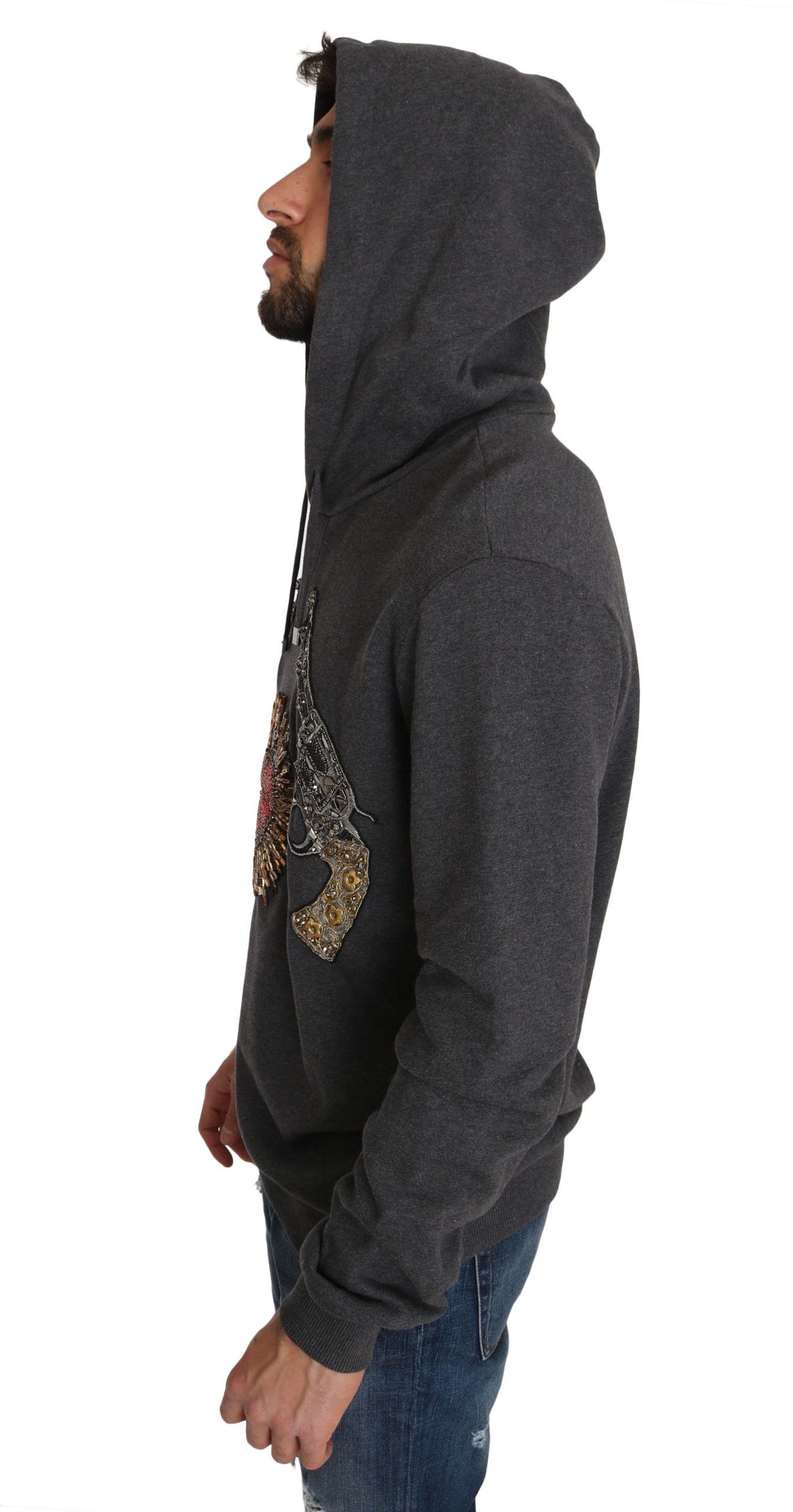 Dolce & Gabbana Gray Hooded Red Crystal Heart Gun Sweater