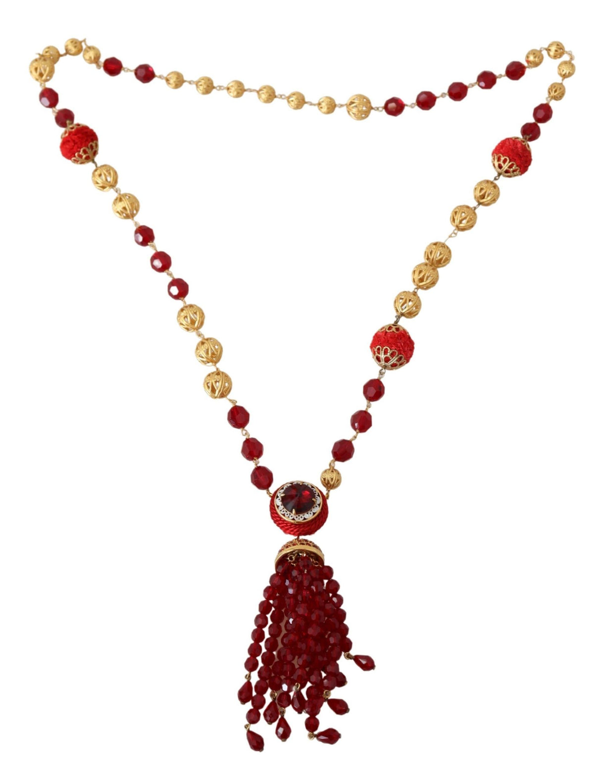 Dolce & Gabbana Gold Tone Brass Red Crystals Pendant Opera Chain Necklace