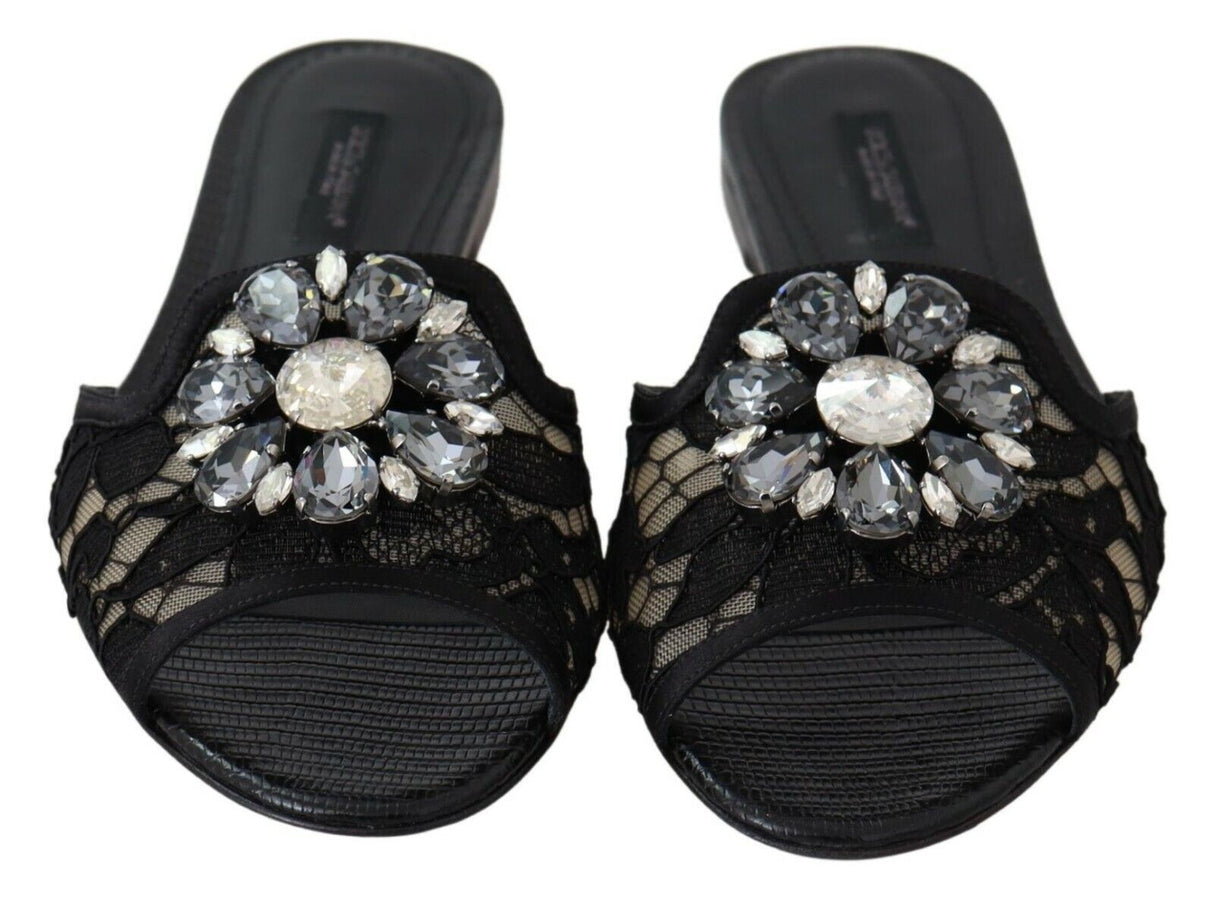 Dolce & Gabbana Black Taormina Lace Slides Crystals Flats Shoes