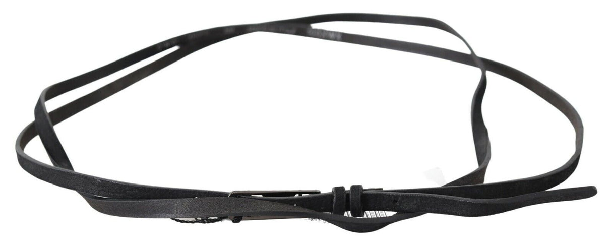 Costume National Black Leather Skinny Logo Buckle Belt