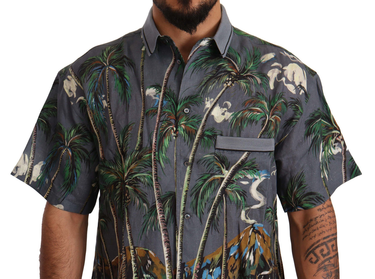 Dolce & Gabbana Gray Linen Tropical Print Collared Shirt