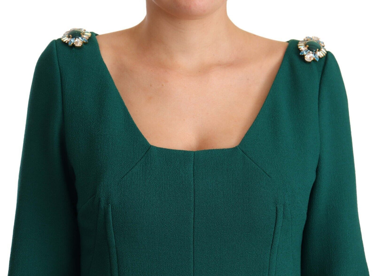 Dolce & Gabbana Green Stretch Crepe Crystal Midi Dress