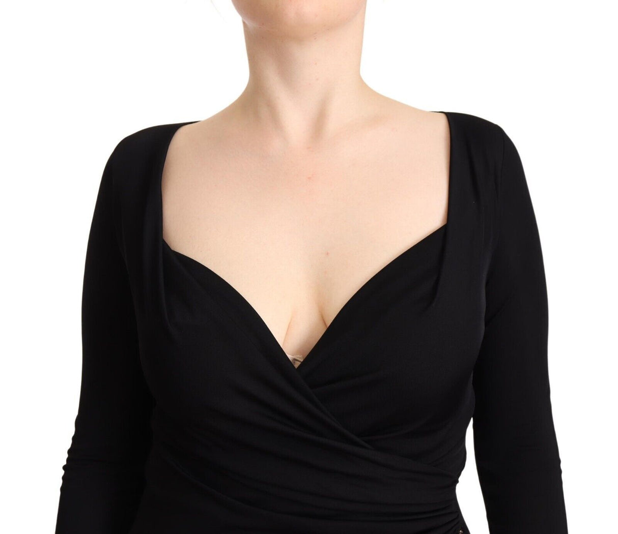 GF Ferre Black Long Sleeves Sweetheart Neck Midi Dress
