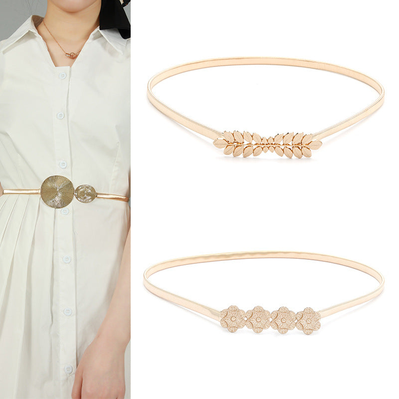 Korean Style Gold Leaf Elastic Dress with Waist Chain