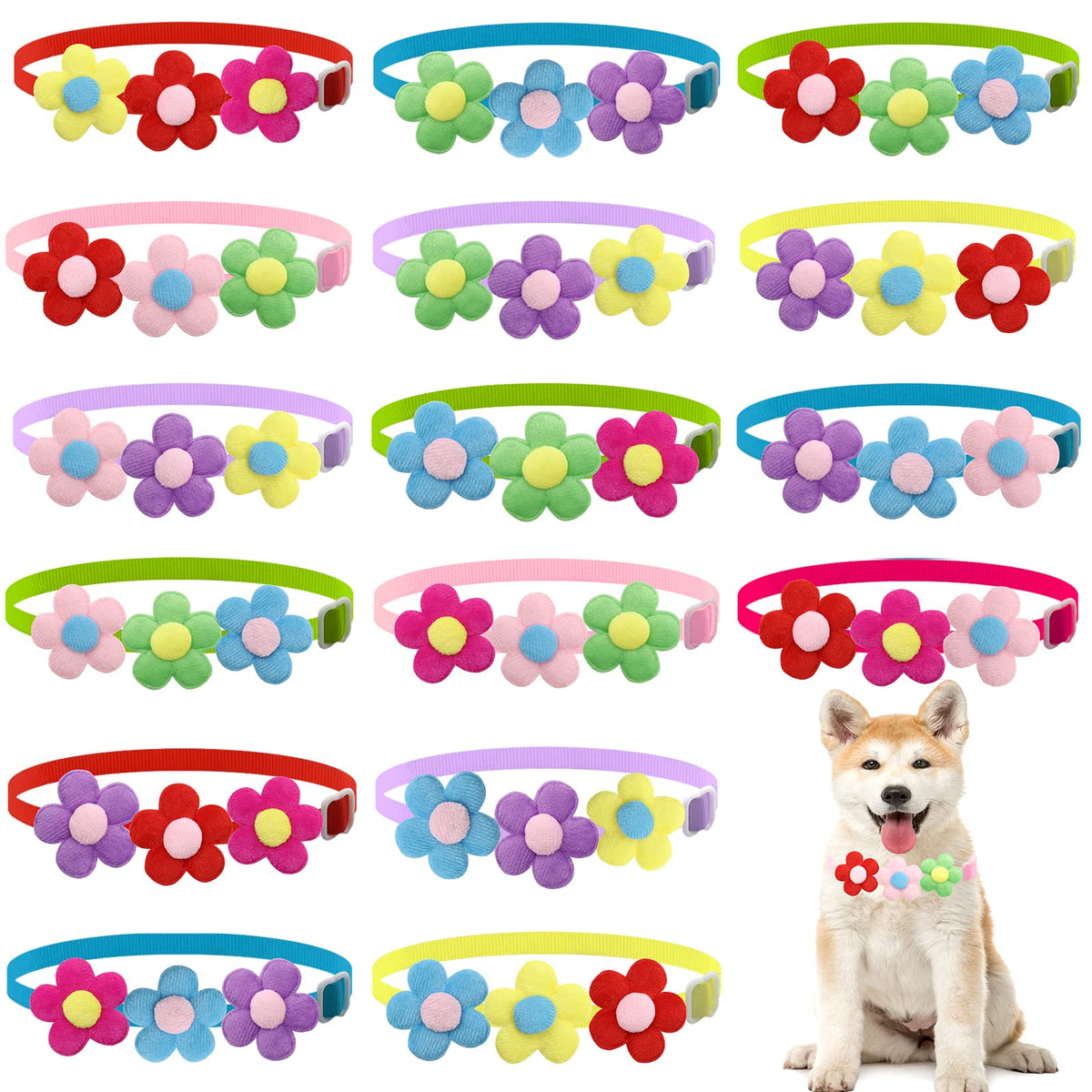 Sinling 16Pcs Dog Bowties Plush Flower Dog Bows Cute Pet Grooming Accessories with Flowers Cat Bow Ties Grooming Bows for Dogs