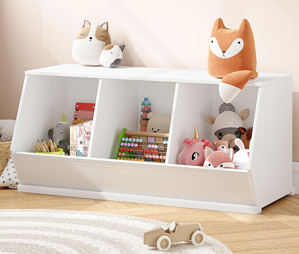UTEX Toy Storage Organizer for Kids Stackable Toy Storage Cabinet Wooden Cubby Toy Organizer White Toy Shelf for Playroom Bedroom Living Room Nursery 3 Cubes