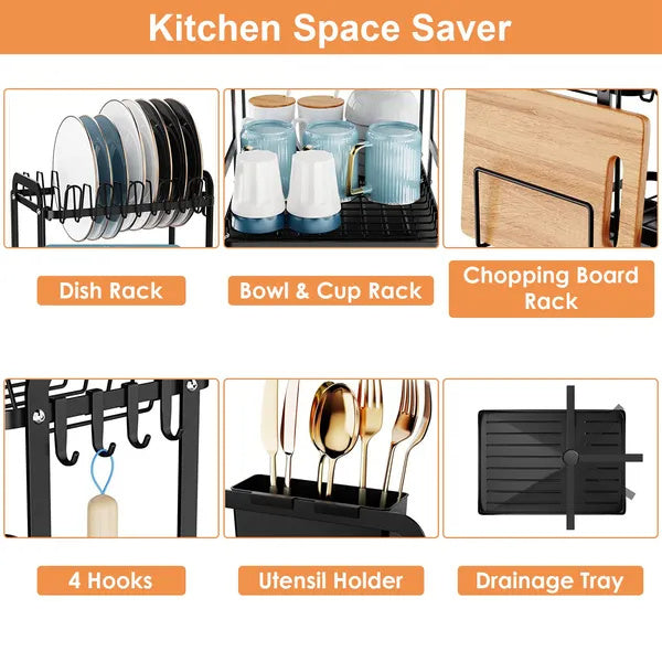 2-Tier Dish Drying Rack For Kitchen Counter Space Saving Rustproof Dish Rack With Drainboard Detachable Kitchen Drainer Organizer Set