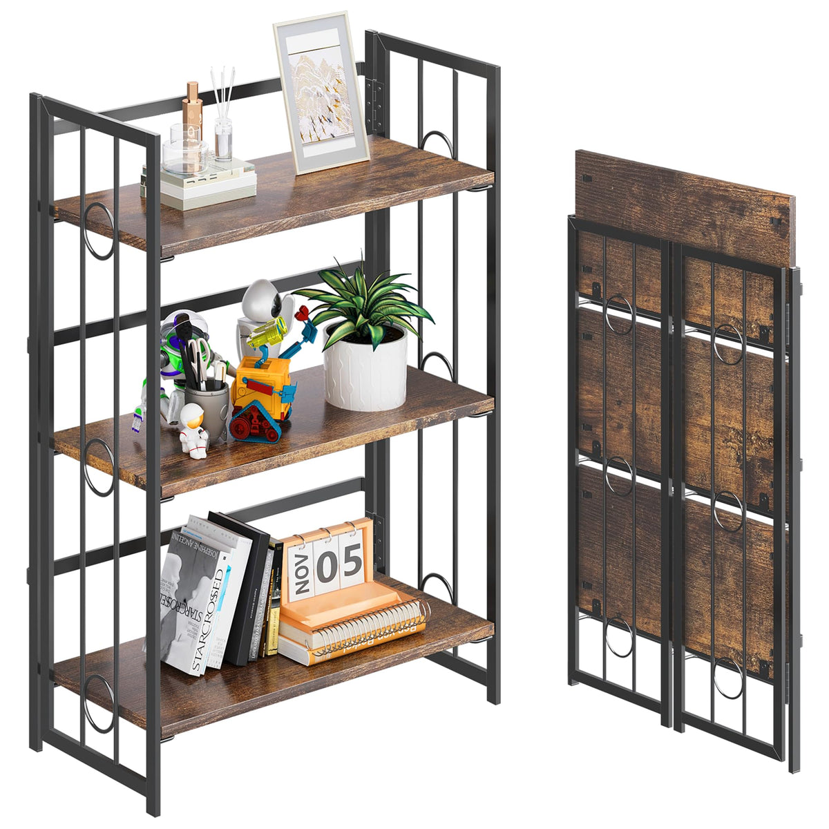 4NM No-Assembly 3 Tiers Folding Bookshelf Storage Shelves Vintage Bookcase Standing Racks Study Organizer Home Office - Rustic Brown and Black