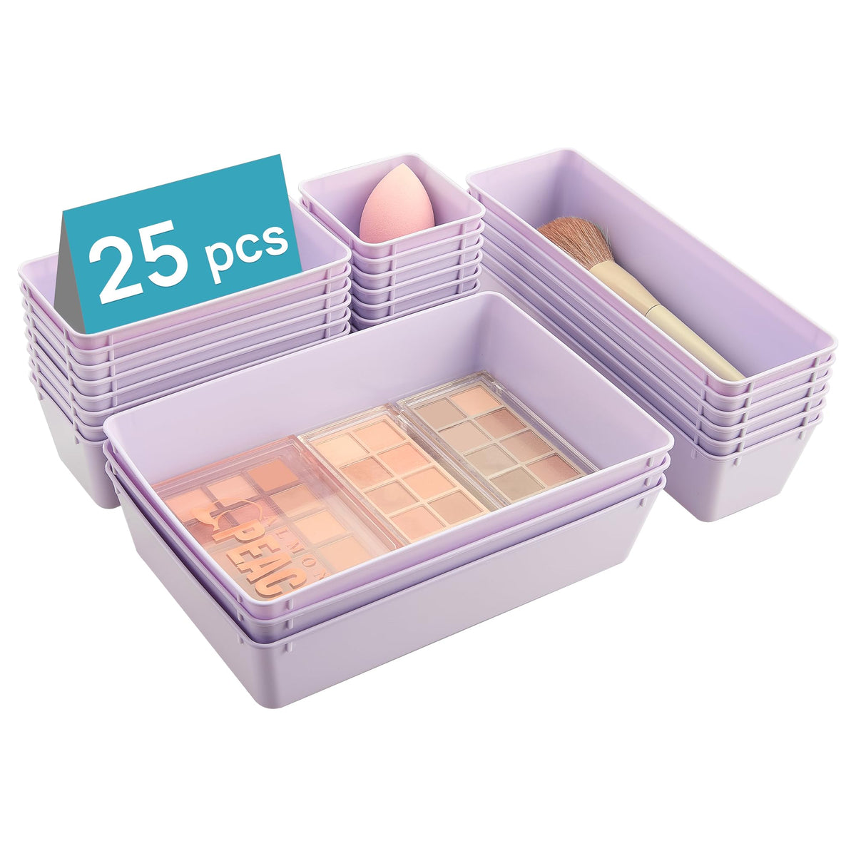 Vtopmart 25 PCS Plastic Drawer Organizers Set 4-Size Versatile Bathroom and Vanity Drawer Organizer Trays Storage Bins for Makeup Bedroom Kitchen Gadgets Utensils and Office