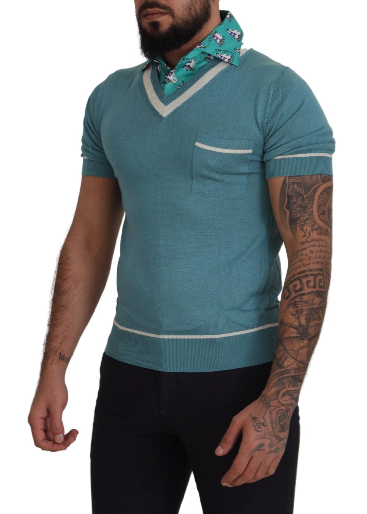 Dolce & Gabbana Blue Silk Polo Top Mens V-neck T-shirt