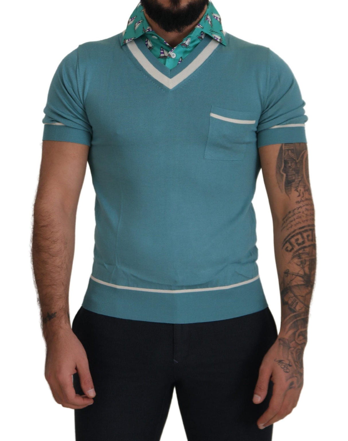 Dolce & Gabbana Blue Silk Polo Top Mens V-neck T-shirt