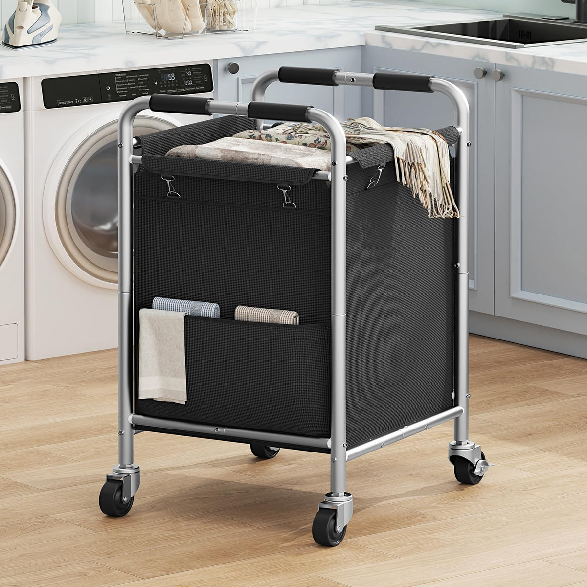 FIONESO Laundry Basket with Wheels Rolling Laundry Sorter Cart with Side pockets47.6GAL(180L) Rolling Laundry Hamper with Removable Bag Laundry Cart with Handle for Laundry Bedroom Black