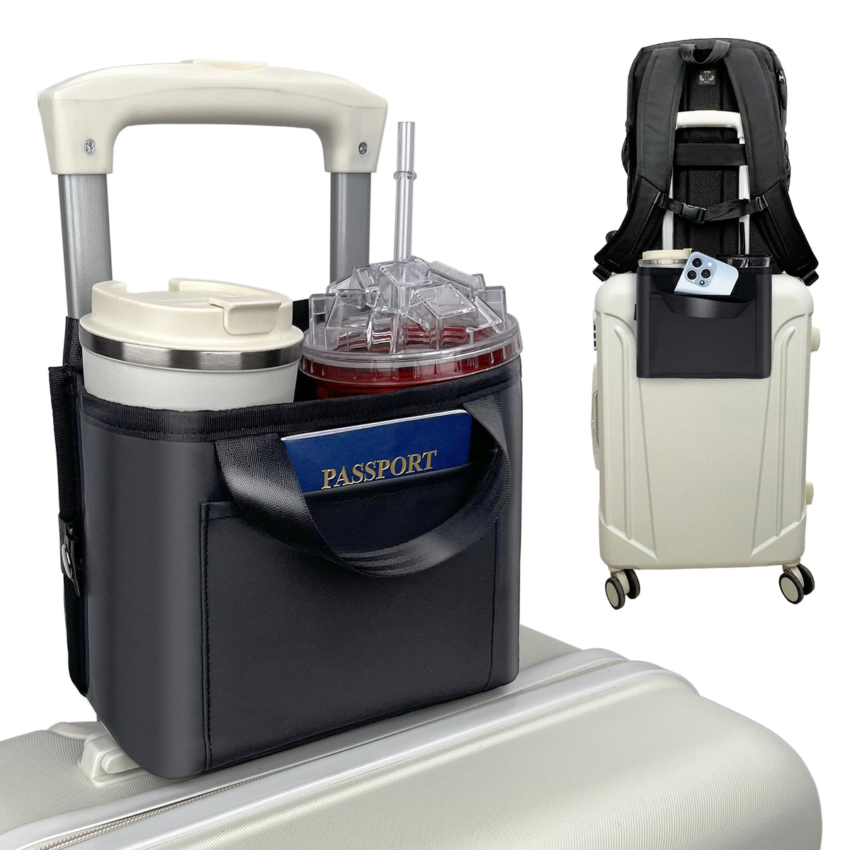 Vethers Luggage Cup Holder for Suitcases - Free Hand Drink Carrier Multifunctional Travel Cup Holder Fits Suitcase Handles Travel Accessories (Water Proof Jet)