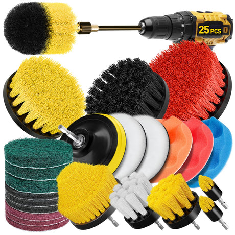 CasaCulina 25 Pack Drill Brush Attachment Set Scrub Pads & Sponge All Purpose Power Clean Scrubber Brushes with Extend Long Attachment Car Polishing Pad Kit Cleaning Supplies for Grout Tile Sink