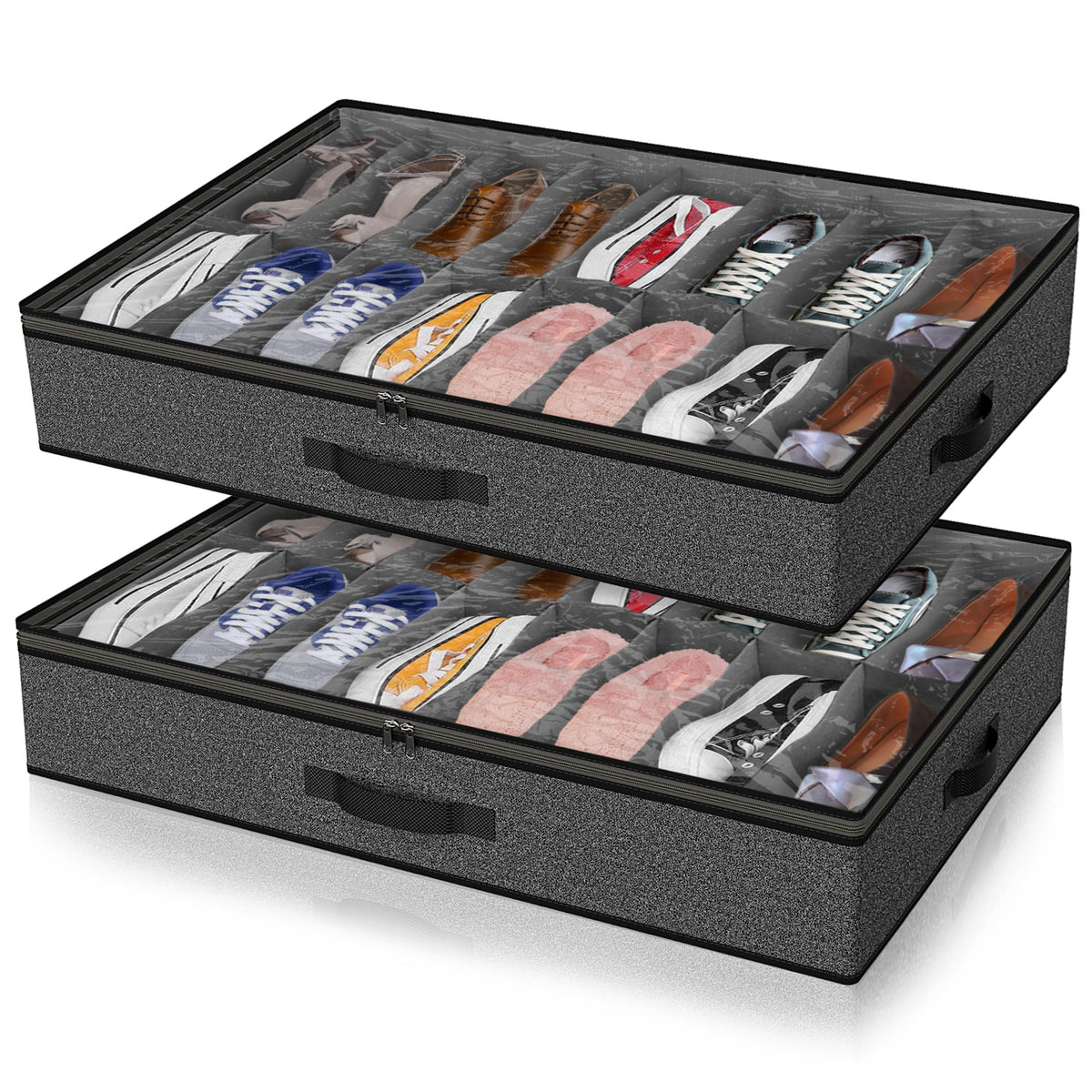 2 Pack Under Bed Shoe Storage Organizer for Closet Fits Total 32 Pairs Foldable Underbed Shoes Containers Boxes Under the Bed Storage Bedding with Sturdy Handles&Clear Window for College Dorms Grey