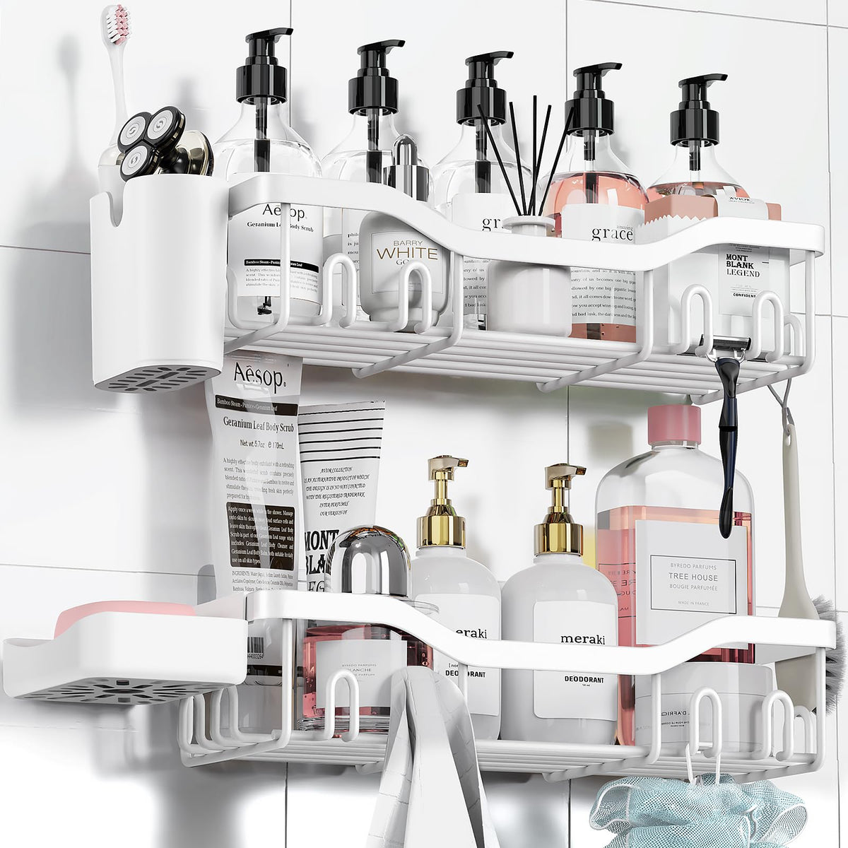 NESOMI Shower Caddy Adhesive Shower Organizer Bathroom Shower Shelves Shelf for Inside Shower Storage with Soap Dish&16 Hooks Rustproof Stainless Steel No Drilling Rack Home Decor 2 Pack White