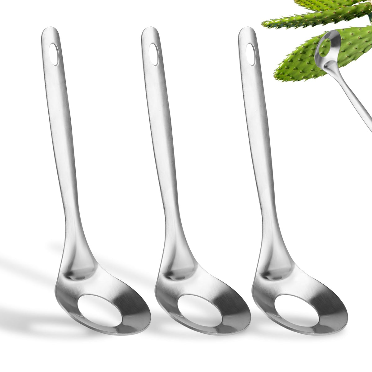 3pcs Practical Cactus Peeling Tools Total Length 9.06in Stainless Steel Meatball Spoon with Hole Spoon Cactus Peeler No hand Injury Convenient Kitchen Tools(Silver)