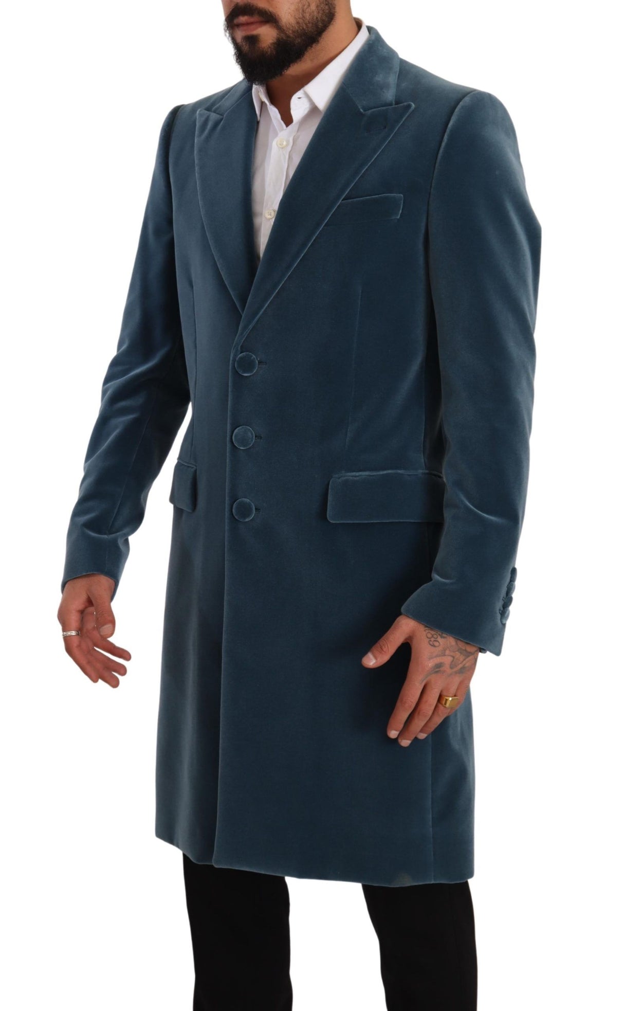 Dolce & Gabbana Blue Cotton Velvet Long Overcoat Jacket - Men's