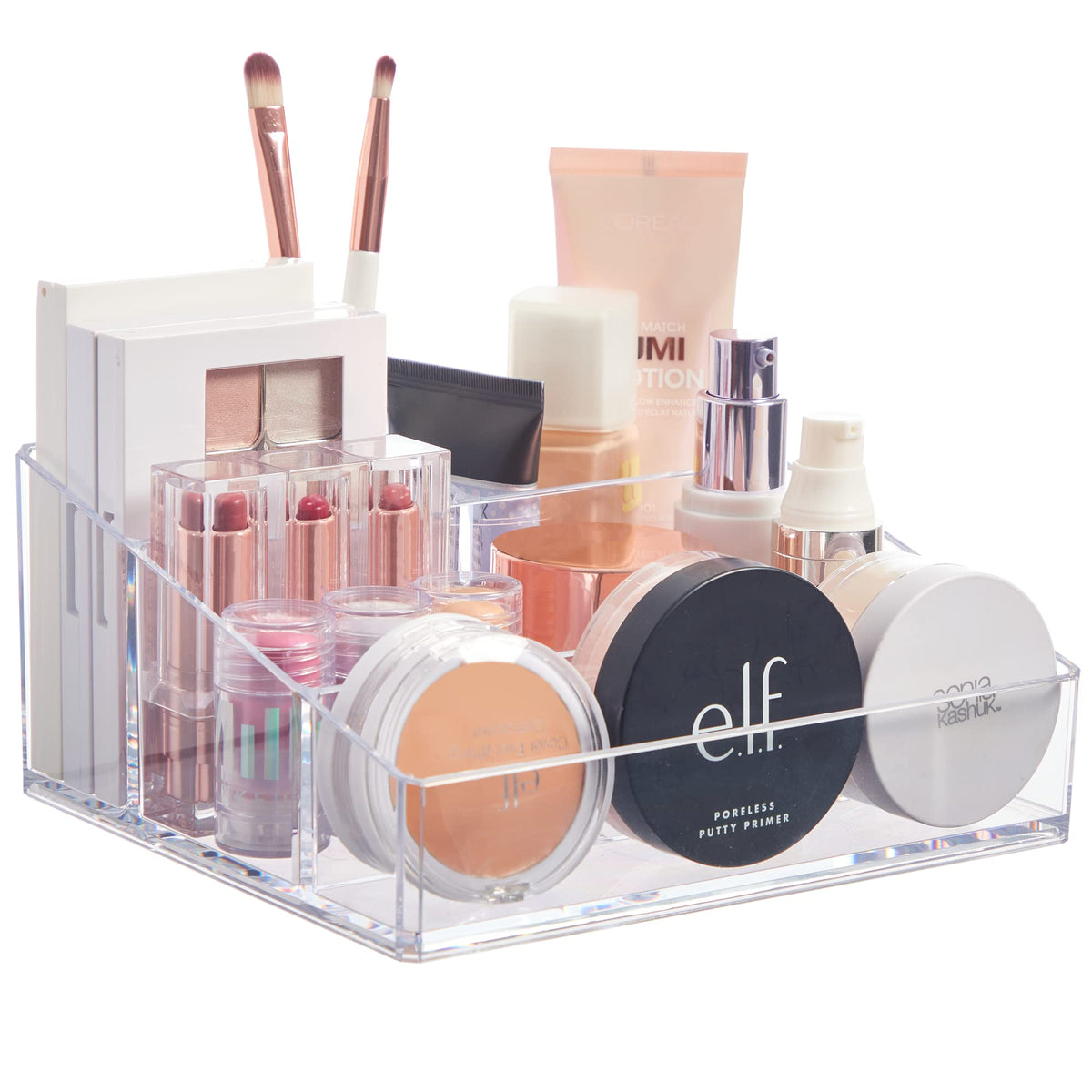 STORi Clear Plastic Vanity Makeup Organizer | Compact Rectangular 4-Compartment Holder for Brushes Eyeshadow Palettes & Beauty Supplies | Made in USA