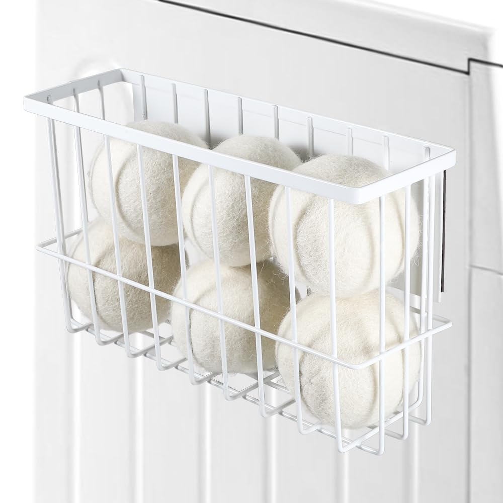 Picowe Large Dryer Ball Organizer Magnetic Storage Bin Magnetic Basket Dryer Ball Holder for Laundry Room Organization and Storage to Hold 6 Dryer Balls Without Balls (White L )
