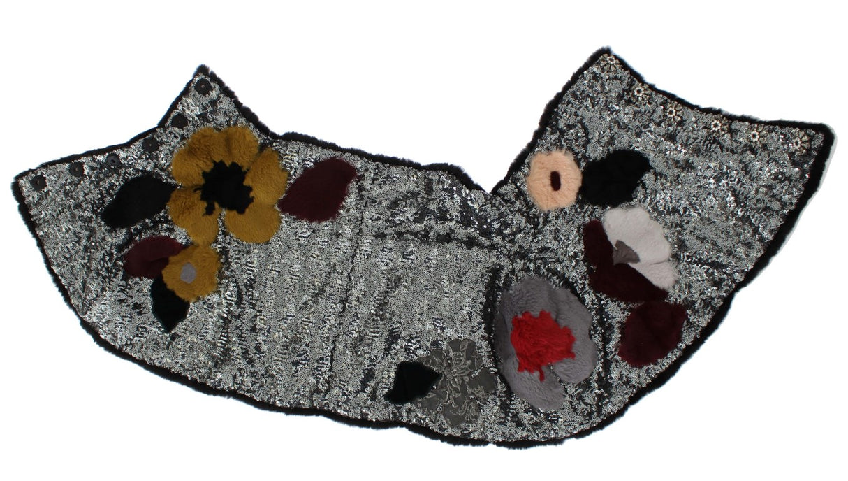 Dolce & Gabbana Silver Sequined Floral Weasel Fur Shoulder Scarf Wrap