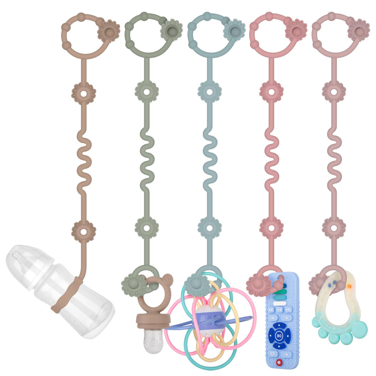 5 Pcs Toy Straps for Baby Adjustable Stroller Accessories Toy Holder Prevent Drop Silicone Pacifier Clip Baby Travel Essential Applicable Sippy Cup (Sage+Sand+Ether+Powder Rose+Dusty Lilac)