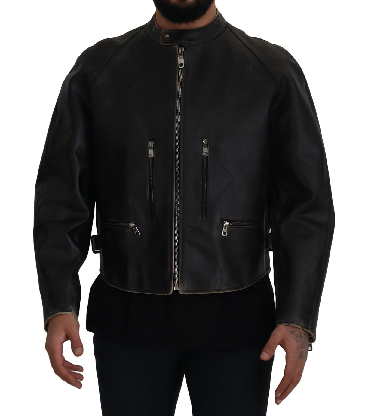 Dolce & Gabbana Black Leather Zipper Biker Coat Jacket