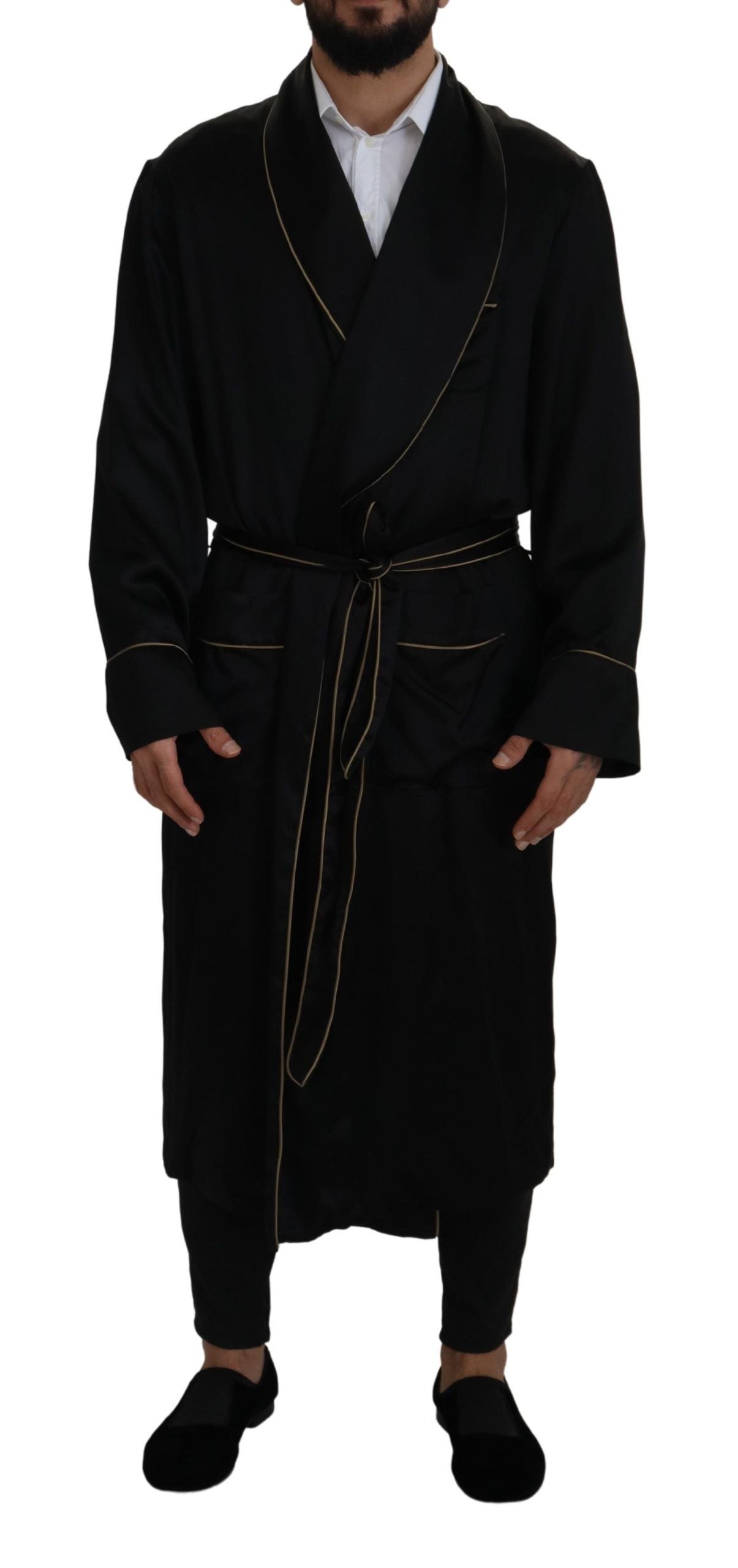 Dolce & Gabbana Black 100% Silk Robe Coat Wrap Jacket