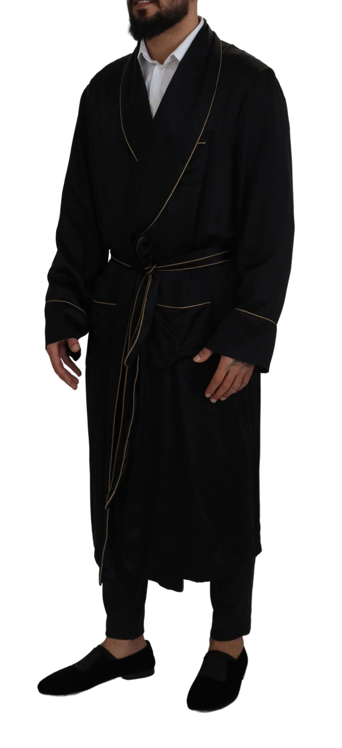 Dolce & Gabbana Black 100% Silk Robe Coat Wrap Jacket