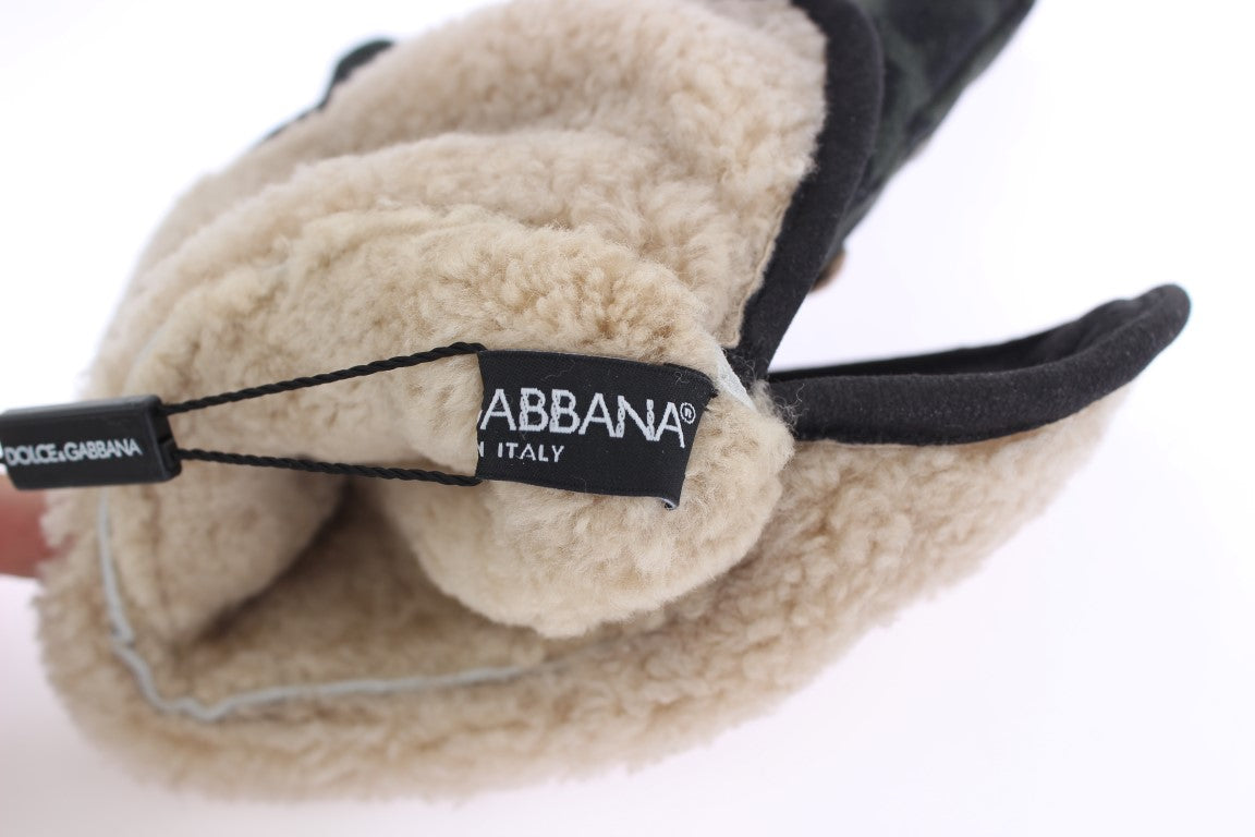 Dolce & Gabbana Gray Wool Shearling Studded Green Leopard Gloves