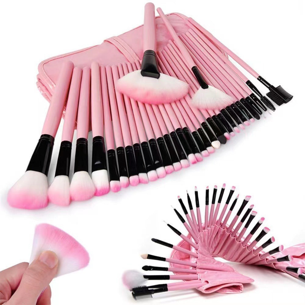 32-Piece Pink Makeup Brush Set with Mini Wooden Case