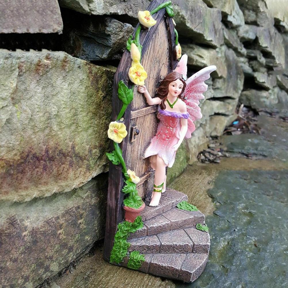 Miniature Fairy Knocking Door Statue for Garden Decor