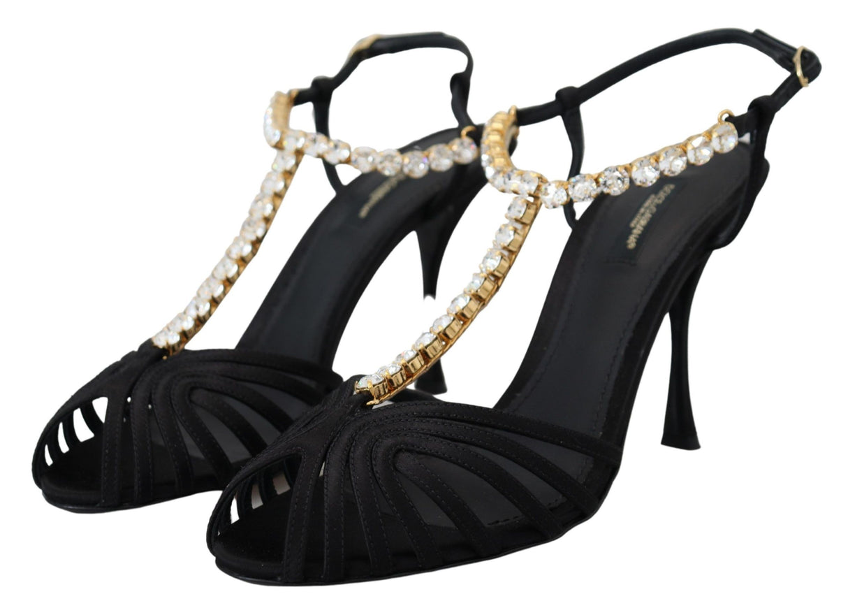 Dolce & Gabbana Black Satin Clear Crystal T-strap Sandal Shoes