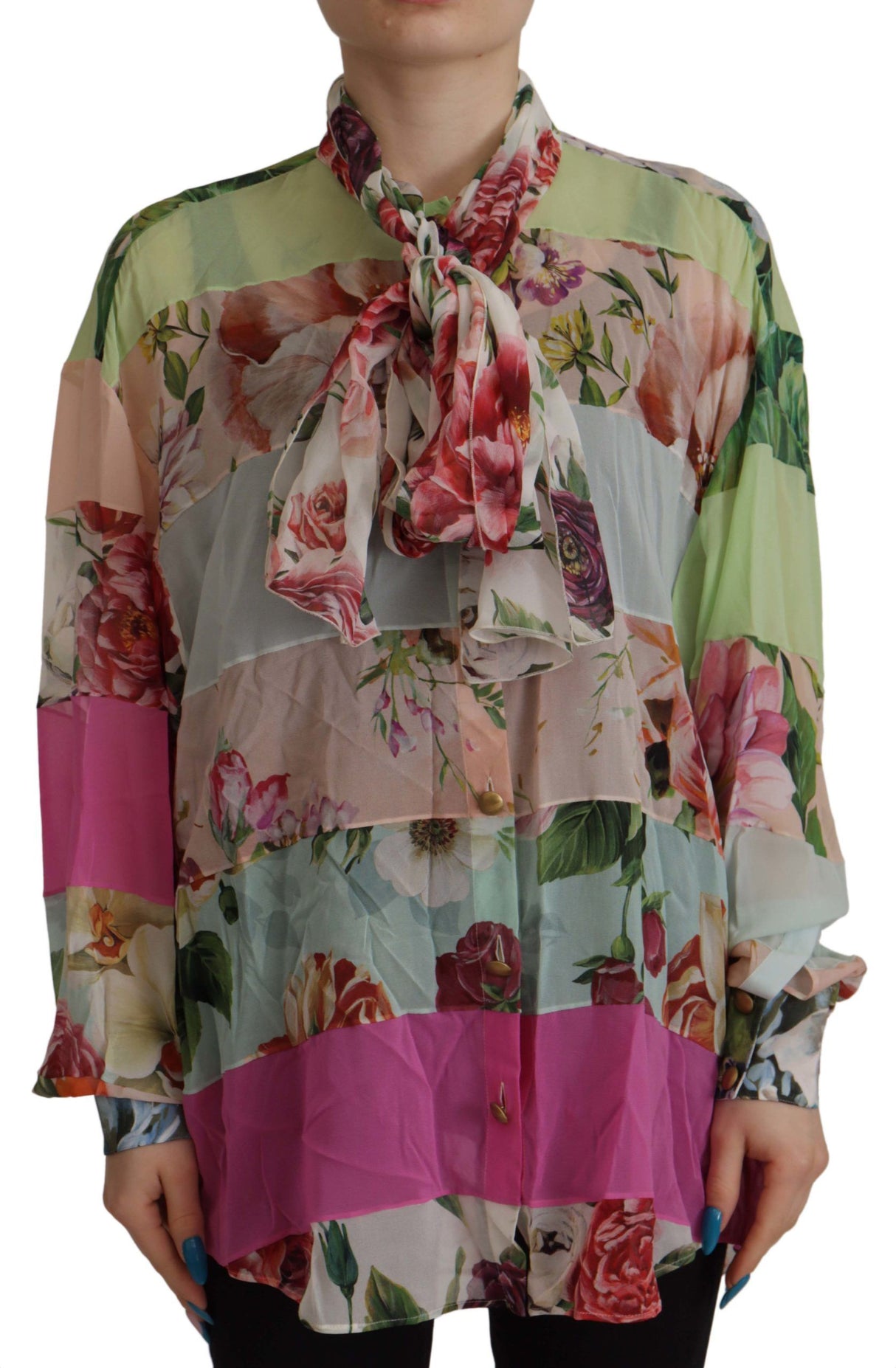 Dolce & Gabbana Multicolor Floral Patchwork Design Ascot Collar Top Blouse