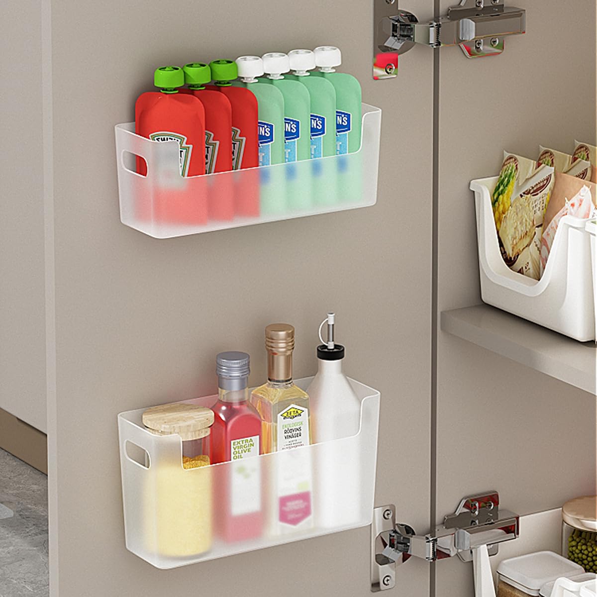 ArderLive 2 Pieces Cabinet Door Organizer Storage Lid Organizer Adhesive No Drilling Slim Space Kitchen Pantry Organizers and Storage Small Items Organiser Storage Box (Translucent)