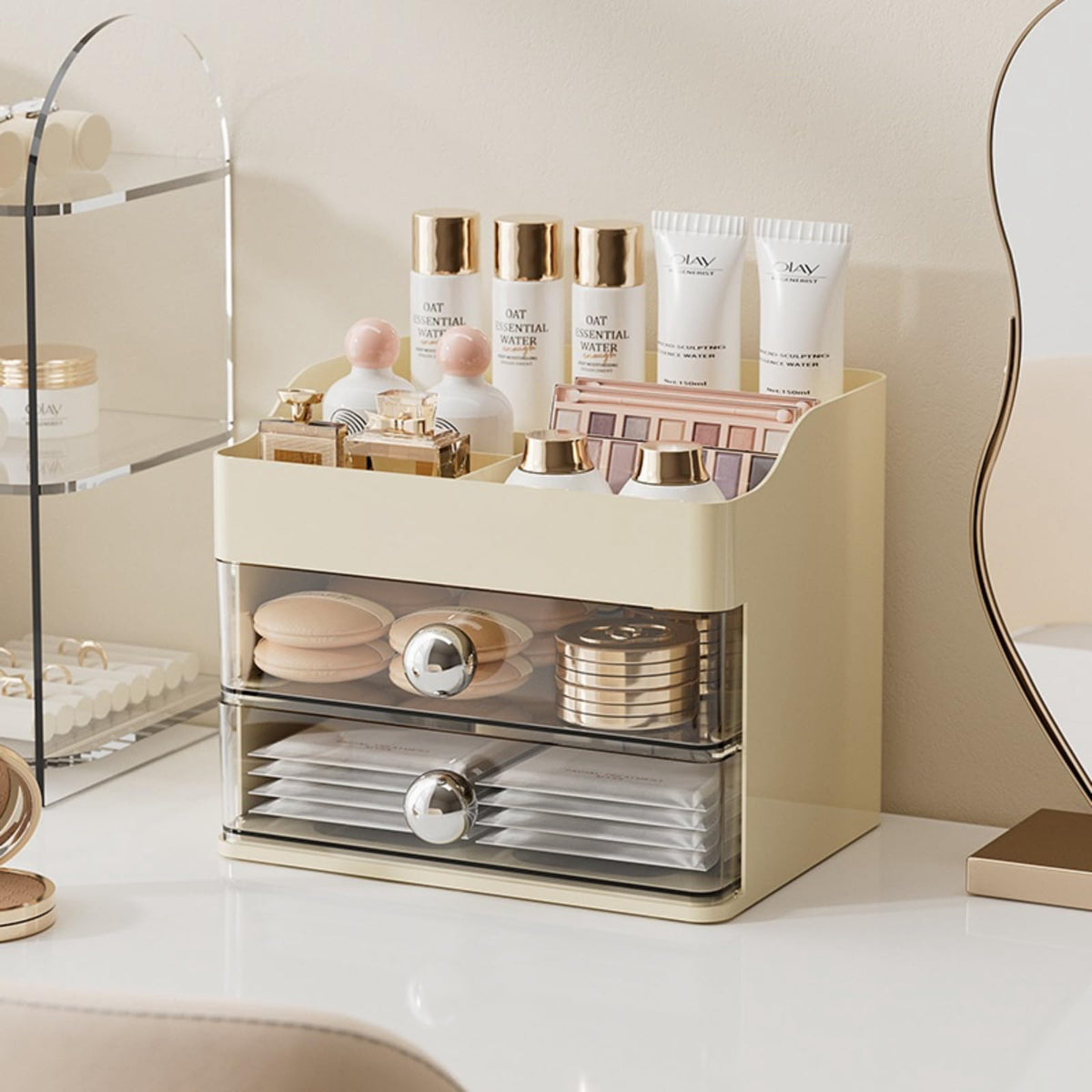 Makeup Organizer for VanityVanity Organizer with 2 DrawersMakeup&skincare Organizers CountertopCosmetic Display CaseVanity Storage Box(Cream)