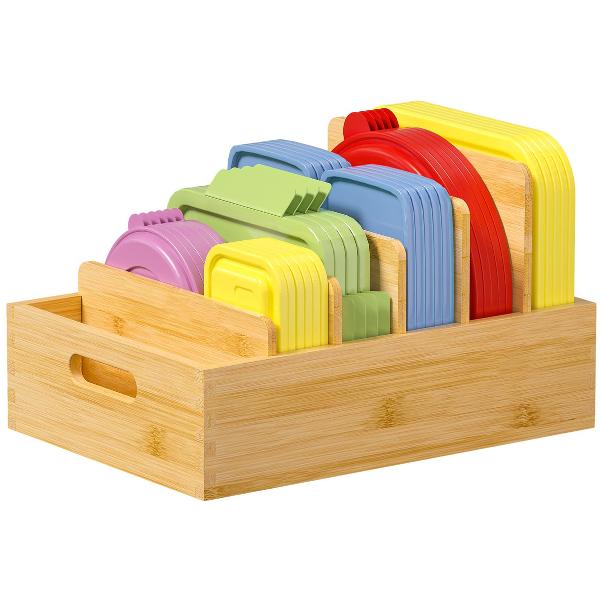 Kiasthome Bamboo Lid Organizers Inside Cabine Lid Organizer Kitchen Cabinet Organizer with 5 Adjustable Dividers Food Container Plastic Lids Organizer Holders for Drawer Pantry Nature