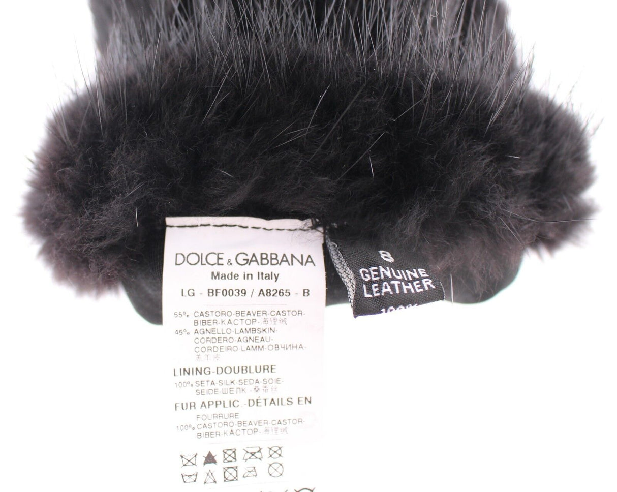 Dolce & Gabbana Black Beaver Fur Lambskin Leather Elbow Gloves