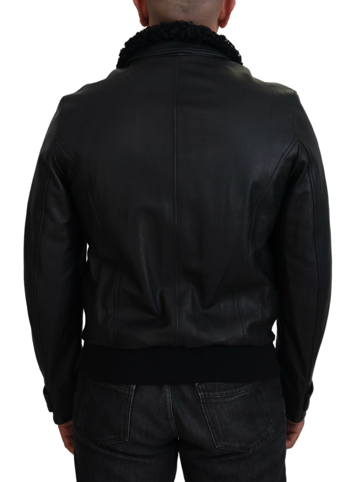 Dolce & Gabbana Black Lamb Leather Collared Men Coat Jacket