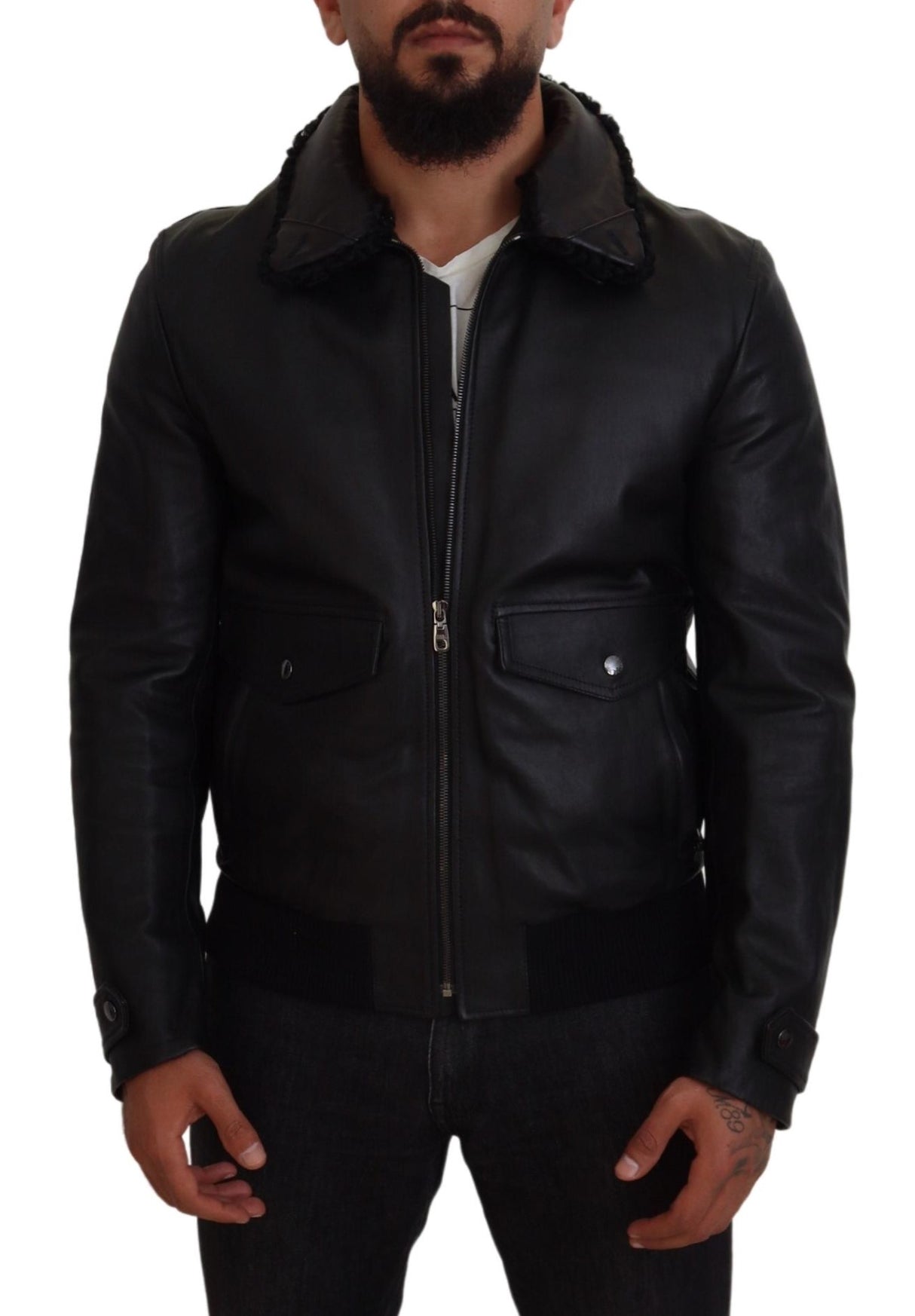 Dolce & Gabbana Black Lamb Leather Collared Men Coat Jacket