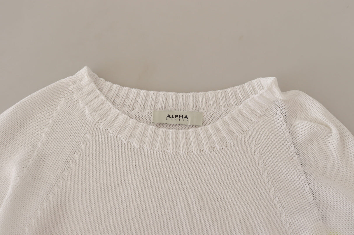 Alpha Studio White Long Sleeves Crewneck Pullover Sweater