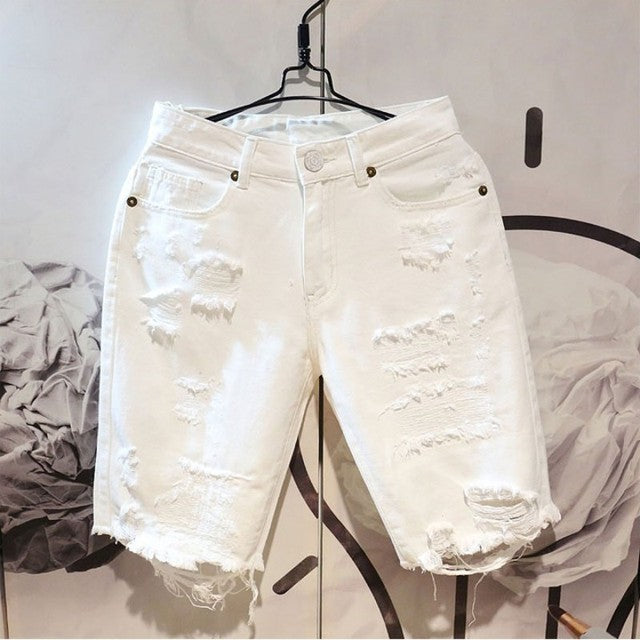 Men's Casual White Ripped Denim Summer Shorts