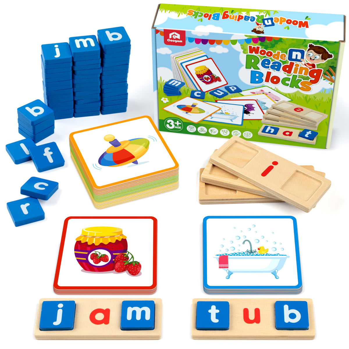 Coogam Wooden Short Vowel Reading Letters Sorting Spelling Games Site CVC Words Learning Flashcards Alphabet Puzzle Montessori Educational Toy Gift for Kids 3 4 5 Years Old