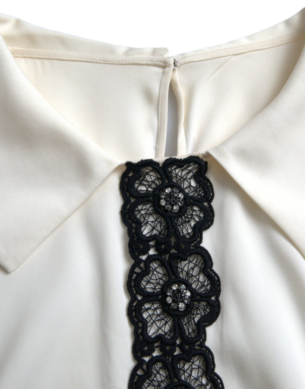 Dolce & Gabbana Off White Silk Lace Trim Short Sleeves Top