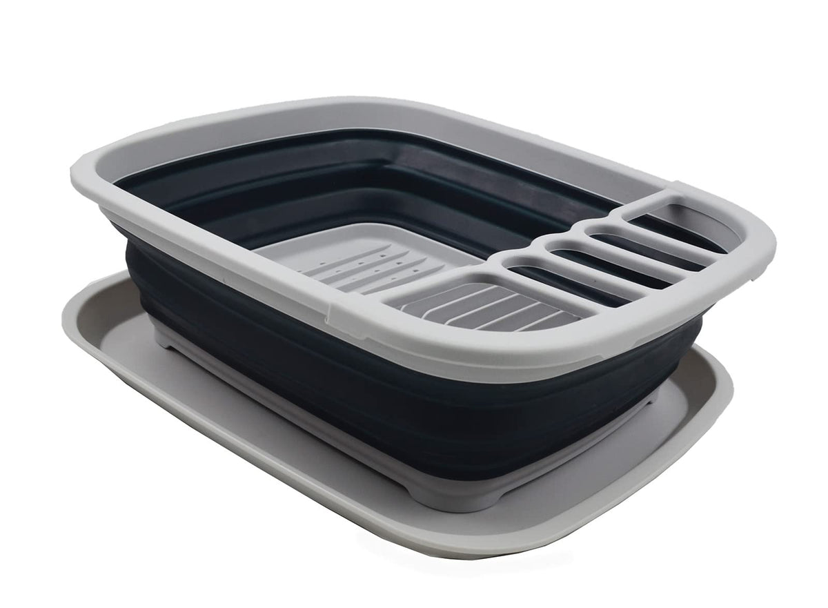 SAMMART 8L (2.11Gallons) Collapsible Plastic Dish Drainer with Drainer Board - Foldable Drying Rack Set - Portable Dinnerware Organizer - Space Saving Kitchen Storage Tray (Grey/Slate Grey 1)